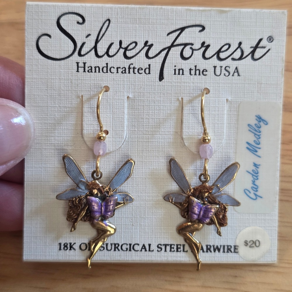 Silver Forest Fairy Earrings Women Purple Gold NEW Garden Medley NE-1619 Sprite
